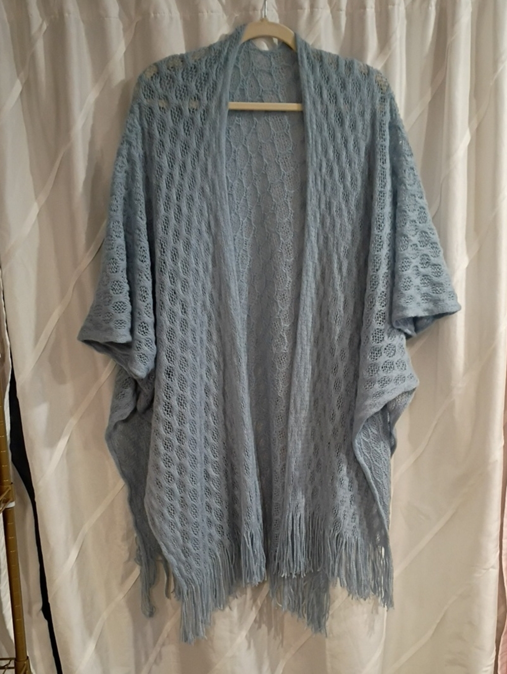 Light Blue Open-Knit Fringe Women's Sweater Cardigan One Size Fits All.